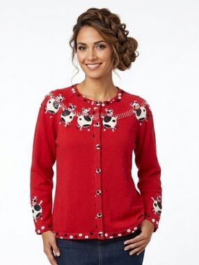 Vintage Dancing Cow Quirky Whimsical Knit Beaded Sequin Cardigan Sweater